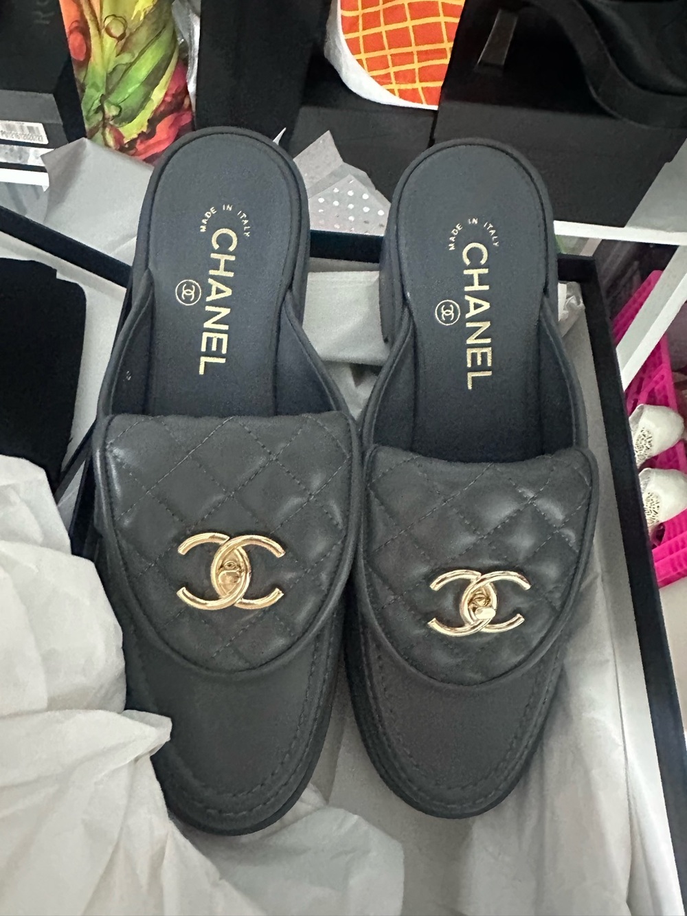 Chanel charcoal gray Quilted Leather Mules with Gold CC Logo worn 1 hr.